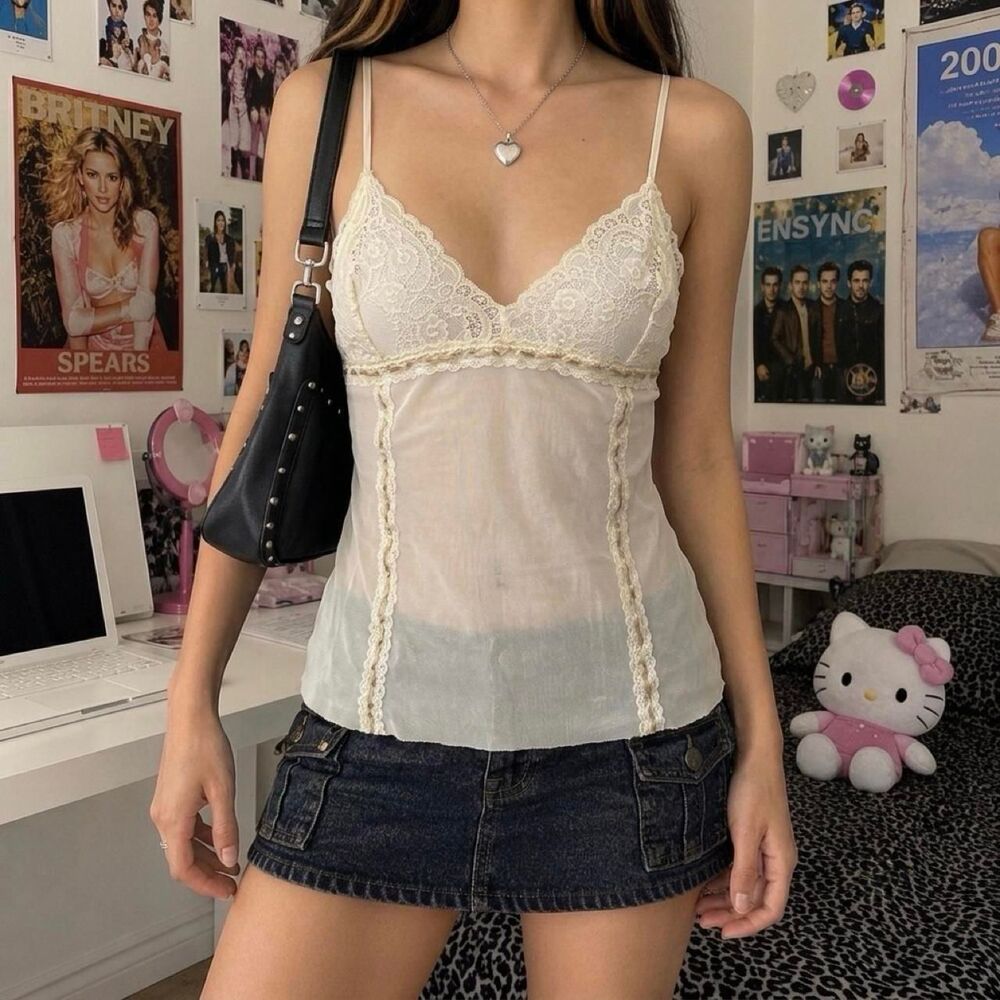 Y2K Abercrombie Cream Lace Cami Size Large Coquette Fairy Delicate Sheer